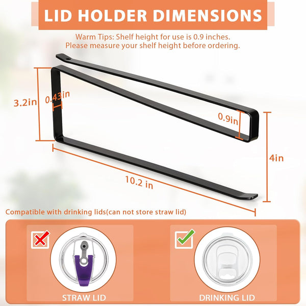 Tumbler Lid Organizer, Horizontal Tumbler Lid Storage Hook up to 10 Lids, Space Saving Cup Lid Holders under Cabinet Tumbler Lid Hook for Kitchen