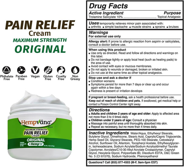 Hempvana Maximum Strength Relief Cream. Hemp Seed Oil for Muscles & Joints, AS-SEEN-ON-TV, Odor-Free, Non-Greasy, Long-Lasting Relief