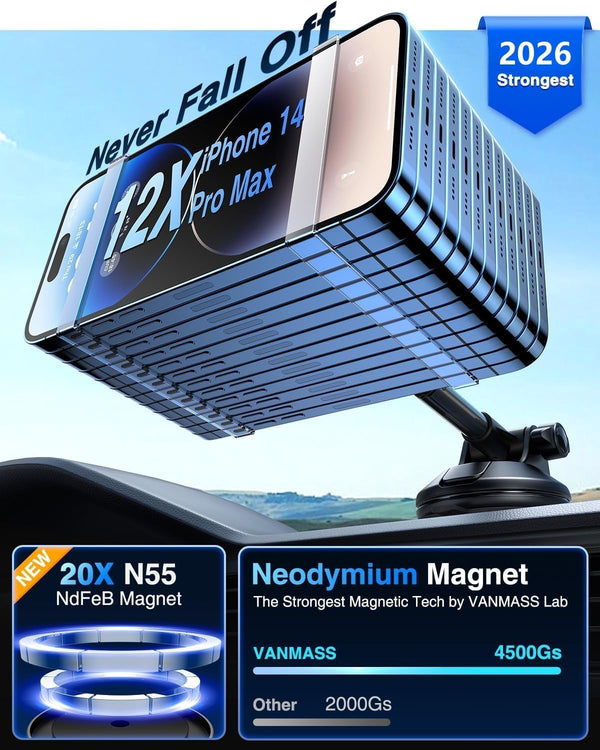 [Military-Grade]Vanmass for Magsafe Car Mount [2025 Upgraded Strongest Magnets] Magnetic Phone Holder Suction Cell Stand for Dashboard Windshield