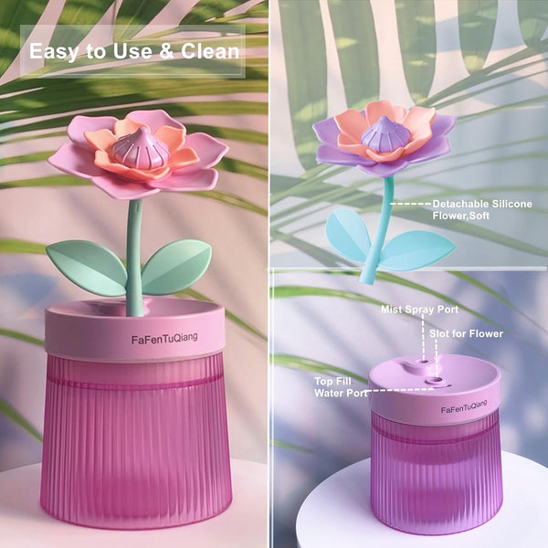 Desk Mini Humidifier,Personal Small Humidifier Diffuser 260Ml Portable,Cute,Flower,Quiet,Cool Mist, Auto Off,Colorful Light,Top Fill Air