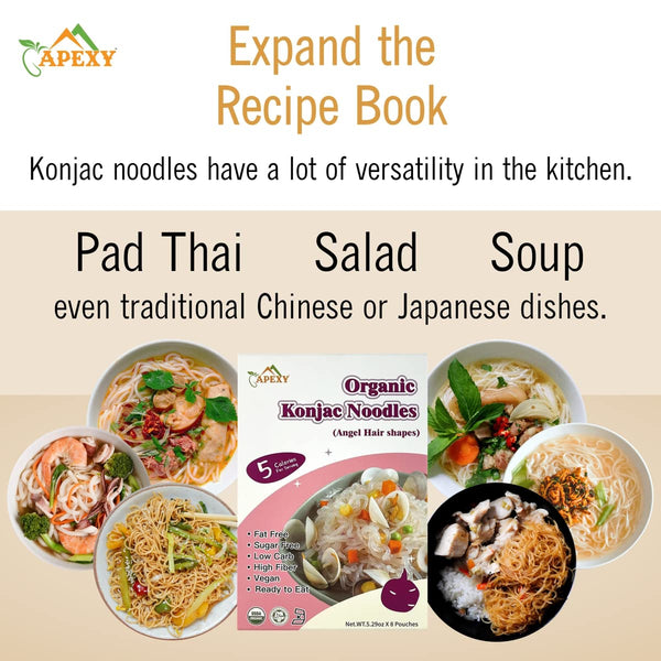 Apexy Organic Shirataki Konjac Noodle 8 Pouches Total 42.24Oz. Low Calorie, Low-Carb Gluten Free, Vegan, Keto and Paleo-Friendly. (Angel Hair Shapes)