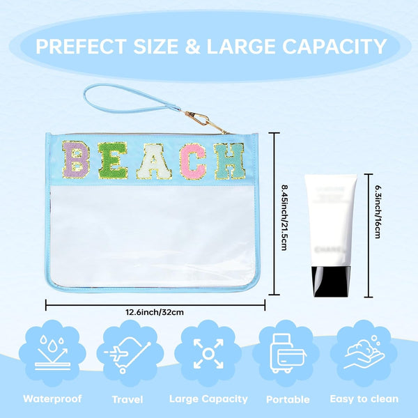 Chenille Letter Clear Zipper Pouch for Travel Preppy Patch Makeup Bag-Nylon Cosmetic Preppy Makeup Waterproof Organizer Bag Set for Women
