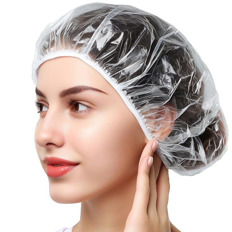 Disposable Shower Caps 100Pcs, 18.1 Inch Plastic Shower Cap for Women Waterproof Bath & Bathing Accessories, Home & Travel Essentials