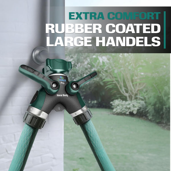 2WAYZ Hose Splitter 2 Way Heavy Duty Outdoor Faucet and Garden Connector - Water Spigot Splitter - Durable All-Metal Y Adapter with Shut-Off Valve
