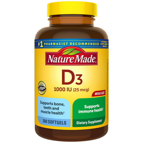 Nature Made Vitamin D3 1000 IU (25 Mcg), Dietary Supplement for Bone, Teeth, Muscle and Immune Health Support, 300 Softgels, 300 Day Supply