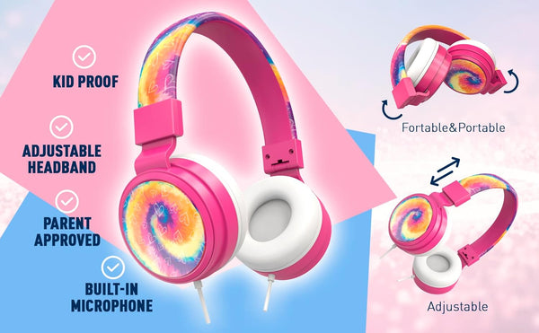 Gabba Goods Kids Safe Headphones, Foldable Tangle-Free 3.5mm Jack, Volume Limiting 85/94dB, Over-Ear with Microphone for