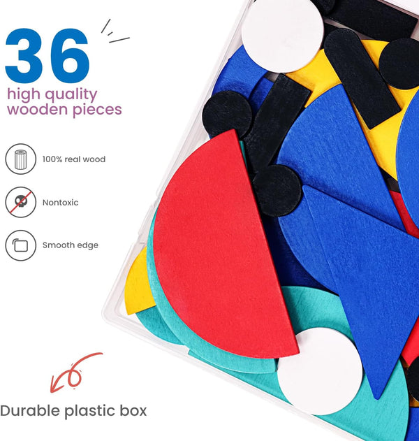 Likee Open Ended Wooden Shape Puzzles (36 Blocks&60 Cards) for Toddlers 3+ Years Old, Montessori Development Toys Preschool Education Activity