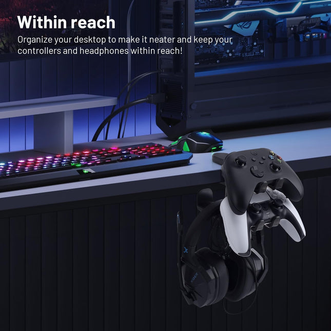 PC Gaming Headphone Stand & Controller Holder, 3 in 1 under Desk Clamp Universal Headset Controllers Hook with Adjustabl
