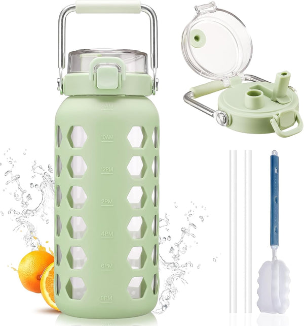 MUKOKO 64Oz Glass Water Bottles with Straw and Lid,Half Gallon Water Bottle with Time Marker,Large Glass Water Jug with Silicone Sleeve and