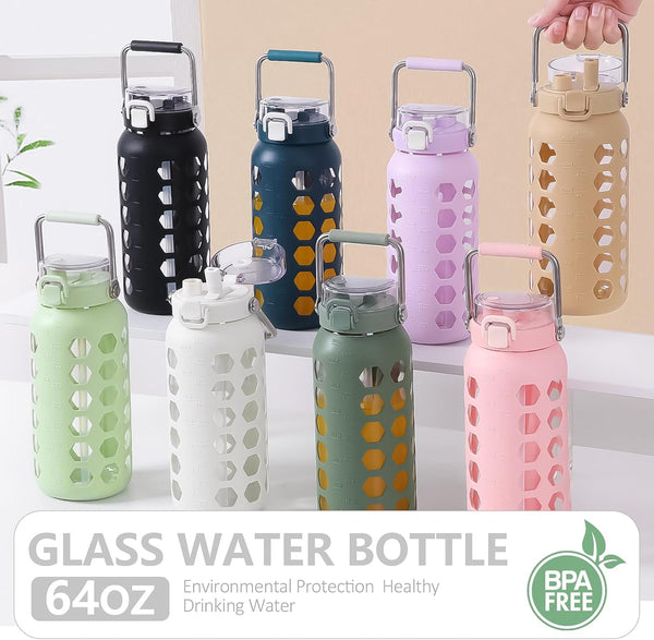 MUKOKO 64Oz Glass Water Bottles with Straw and Lid,Half Gallon Water Bottle with Time Marker,Large Glass Water Jug with Silicone Sleeve and
