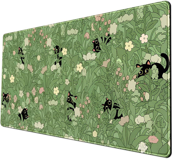 Green Desk Mat XL Cat Cute Plant Cool Desk Pad Keyboard Mat Kawaii Black Cat Flower Mouse Pad Green Desk Mat Desk Decor with Stitched Edges