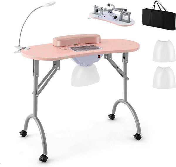 GOFLAME Manicure Nail Table, Foldable Nail Technician Desk W/Electric Downdraft Vent, Bendable LED Lamp, Removable Armrest Pad, Dust Bag, Manicure