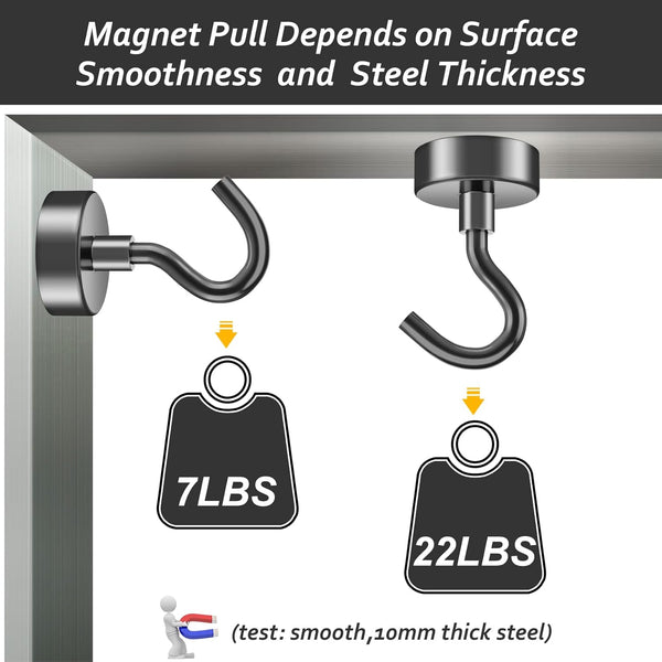 VNDUEEY 10 Pack Black Magnetic Hooks, 22Lbs Strong Magnet Hooks for Hanging, Magnetic Hook Heavy Duty, Fridge Magnets Neodymium with Hooks for