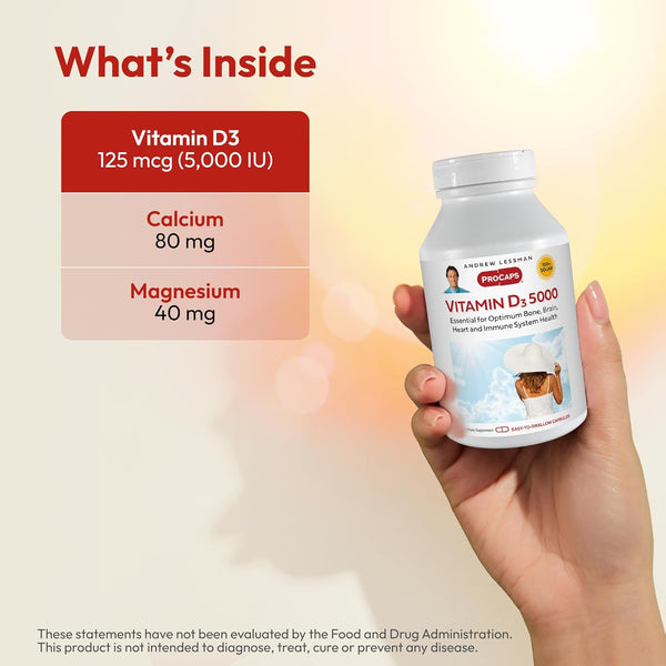 ANDREW LESSMAN Vitamin D3 5000 IU 180 Capsules - High Potency, Essential for Calcium Absorption, Supports Bone Health, Healthy Muscle Function,