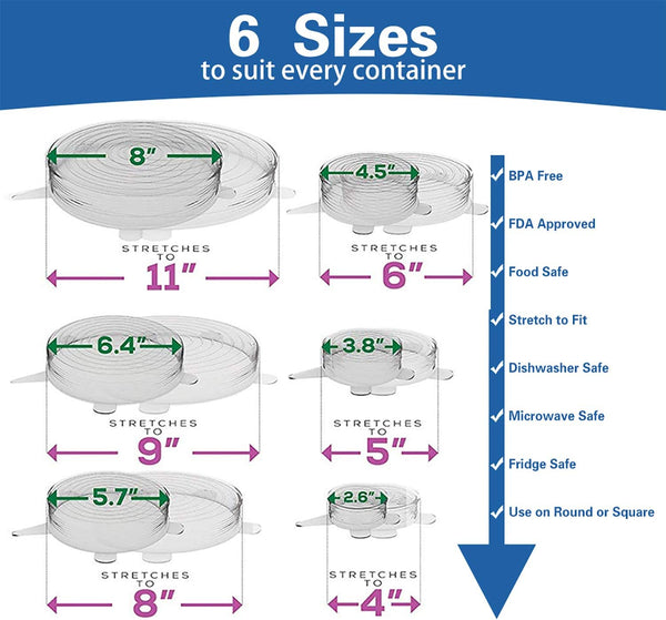 Silicone Stretch Lids, Durable & Eco-Friendly Elastic Lids Reusable Heat Resistant Various Sizes Cover for Bowl(White-6Pack)