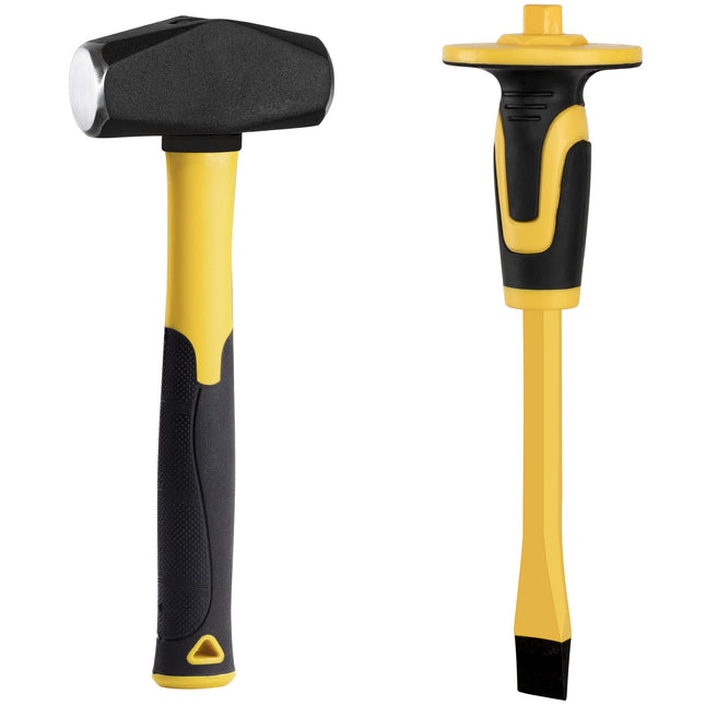KURUI 3Lb Sledge Hammer & Flat Chisel with Hand Protection for Tile/Rock/Masonry/Concrete/Brick/Rockhounding, Mason Flat