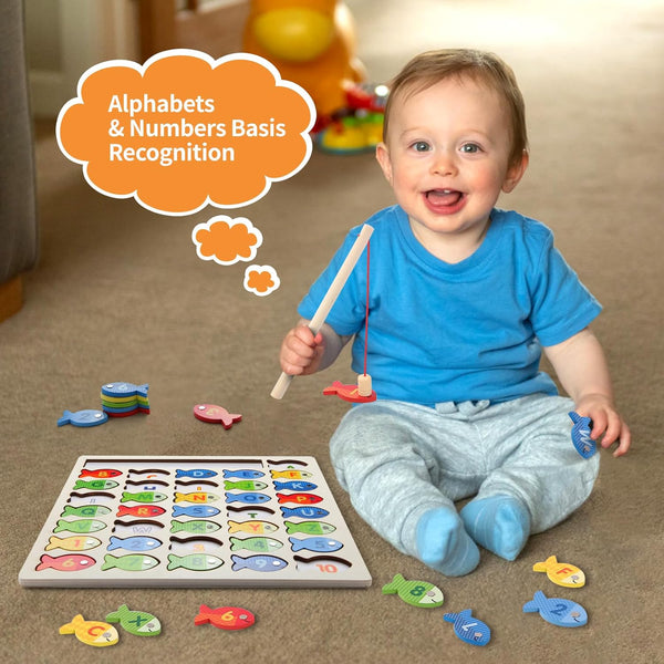 Wooden Magnetic Fishing Game for Toddlers, Montessori Fine Motor Skills Toy with Letters and Numbers, Preschool Learning ABC and Puzzle
