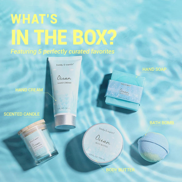 Gifts for Women, Bath and Body Womens Gift Sets with 5 Pcs Ocean Scented Spa Gifts for Women Bath Gift with Scented Candle Body Butter Hand Cream