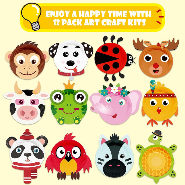V-Opitos Arts and Crafts Kits for Kids, 12 Pack Simple Animal Paper Plate Crafts for Toddler Age of 2, 3, 4, 5 Years Old