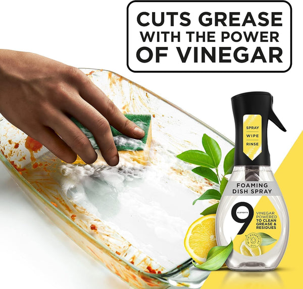 9 Elements Natural Dish Soap, Dishwashing Liquid with Lemon Essential Oils, Made with the Power of Vinegar, 1 Dish Spray Starter Kit & 3 Refills