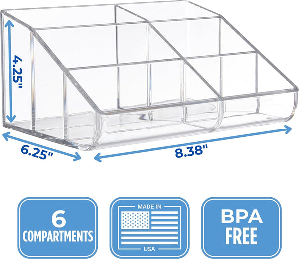Stori Clear Plastic Vanity Makeup Organizer | 6-Compartment Holder for Brushes, Eyeshadow Palettes, & Beauty Supplies | Curved Front Design | Made