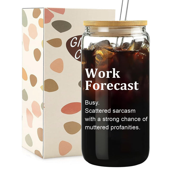 Work Forecast Glass Cup with Lid and Straw - Funny Work Gifts Cubicle Desk Accessories Decoration, Office Decor for Wome