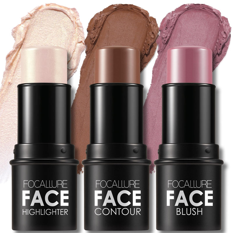 FOCALLURE 3 Pcs Cream Contour Sticks,Shades with Highlighter & Bronzer & Blush,Non-greasy Long-wear Face Contouring Pen,Easy to Sculpt the Face