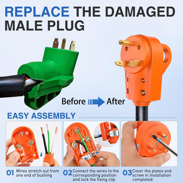 Nilight 30 Amp RV Replacement Plug 125 Volt Heavy Duty Male with Handle ETL Listed NEMA TT-30P for Camper Caravan Motorh