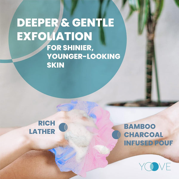 Yoove Loofah Back Scrubber W/Bamboo Charcoal Fiber Infused Bath Sponge, Wooden Handle, Luffa Pouf, Sponge Stick & Hanging Hook for Men & Women,