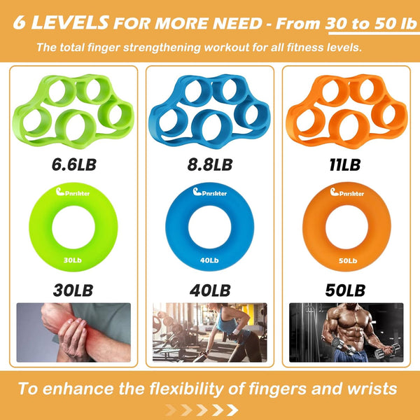 Pnrskter Hand Grip Strengthener, Finger Exerciser, Grip Strength Trainer (6 Pcs),New Material,Forearm Grip Workout, Finger Stretcher, Relieve