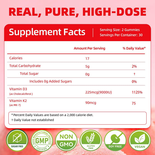 D3 K2 Vitamin 9000 IU Supplement Gummies for Women Adult Muscle Teeth Immune Support Sugar Free 90 Counts, Peach Flavor