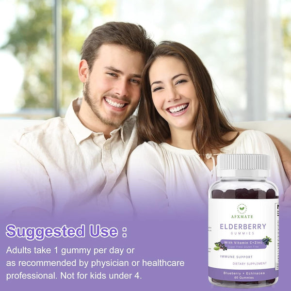AFXMATE Sambucus Elderberry Gummies, Black Elderberry Gummy with Zinc and Vitamin C for Adults, Sugar Free Kids Multivitamin Gummies Immune