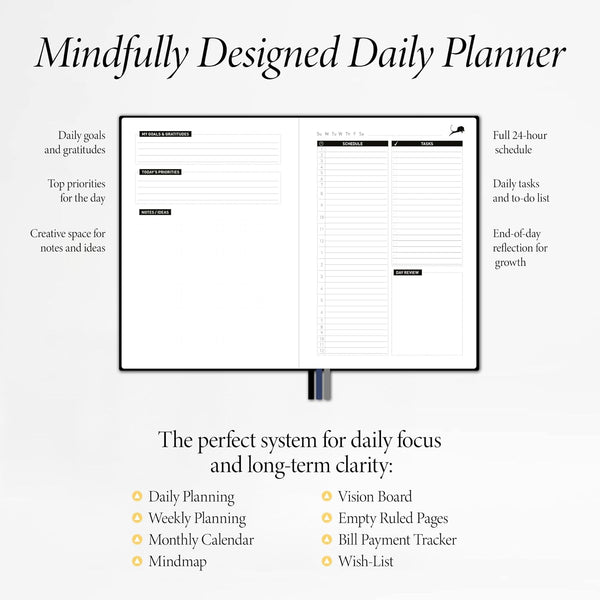 Daily Planner, Calendar & Life Organizer to Improve Time-Management, Productivity & Happiness | Vegan Leather Hardcover Notebook with Blank Dates,