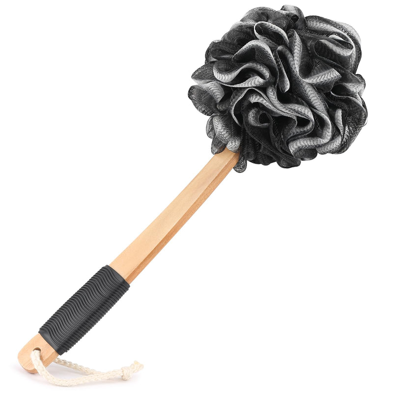 Black Loofah on a Stick PE Soft Mesh Luffa with Non-Slip Wooden Handle Made of Soft and Sturdy Rubber Material Back Scrubber for Shower for Women