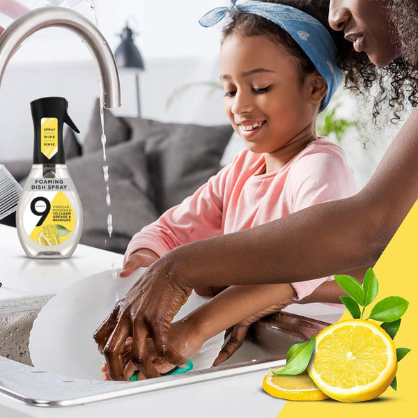 9 Elements Natural Dish Soap, Dishwashing Liquid with Lemon Essential Oils, Made with the Power of Vinegar, 1 Dish Spray Starter Kit & 3 Refills