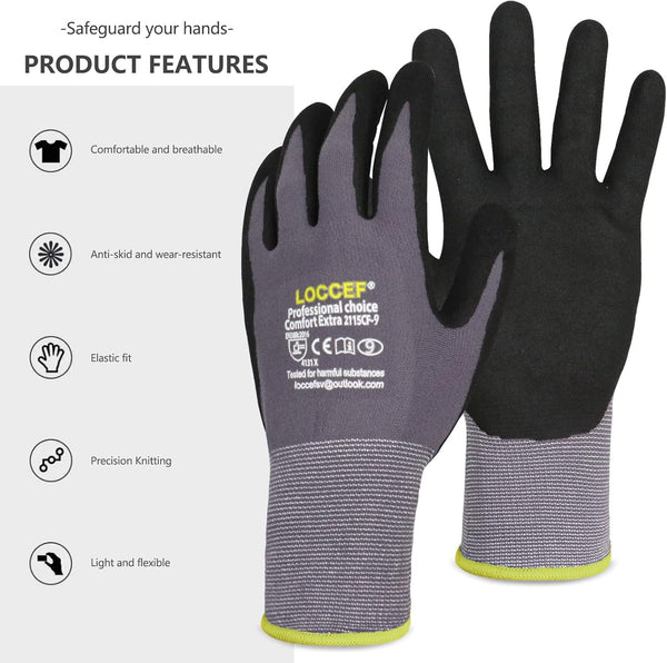 Work Gloves Microfoam Nitrile Coated-6 Pairs,Seamless Knit Nylon Gloves,Gray Work Gloves