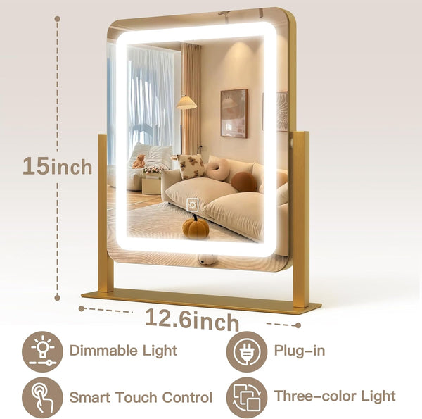 Vanity Mirror with Lights, 12.6"Ã15" LED Makeup Mirror, Lighted Makeup Mirror with Lights, Smart Touch Control Dimmable 3 Modes Light, Lighted up