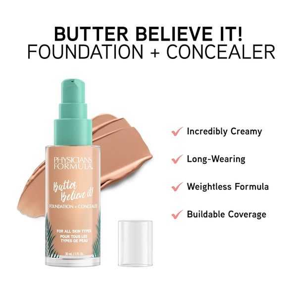Physicians Formula Butter Believe It! Foundation + Concealer Fair-To-Light | Dermatologist Tested, Clinicially Tested