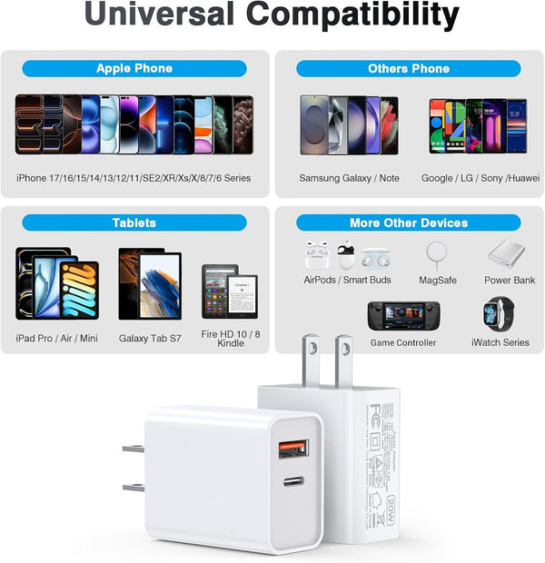 LCGENS USB C Wall Charger Block 20W, 2-Pack Dual Port PD Power Delivery Fast Type C Charging Block Plug Compatible with Iphone