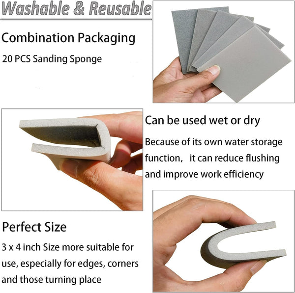 20 Pcs 3 X 4 Inch 600 Grit Sanding Sponge Set, Ultra Fine Sanding Sponges Pads, Soft Foam Hand Sander Block Wet Dry Sandpaper for Model Drywall
