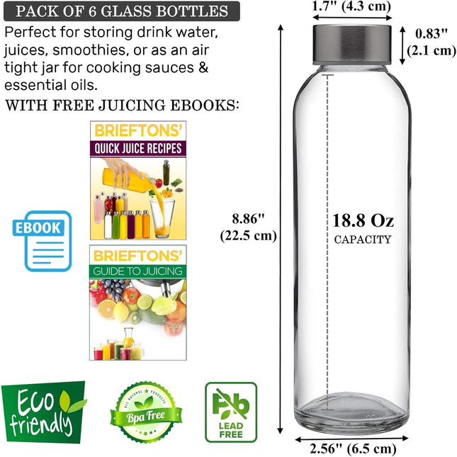 Brieftons Borosilicate Glass Water Bottles with Caps: Clear, 6 Pack, 18 Oz, Heat Resistant, Slim, Easy to Store, Leakpro