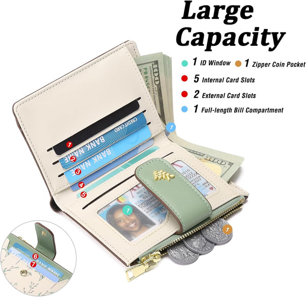 GAEKEAO Small Wallets for Women RFID Blocking Leather Bifold Zipper Pocket Wallet Credit Card Holder with ID Window A-Green