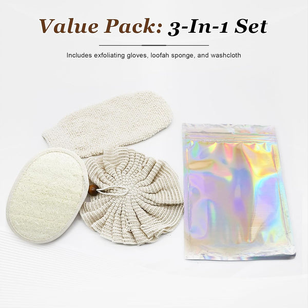 Natural Hemp Bath Mitts & Loofah Gloves Set - Exfoliating Shower Gloves for Women and Men, Organic Fiber Body Scrubber, Reusable Eco-Friendly Bath