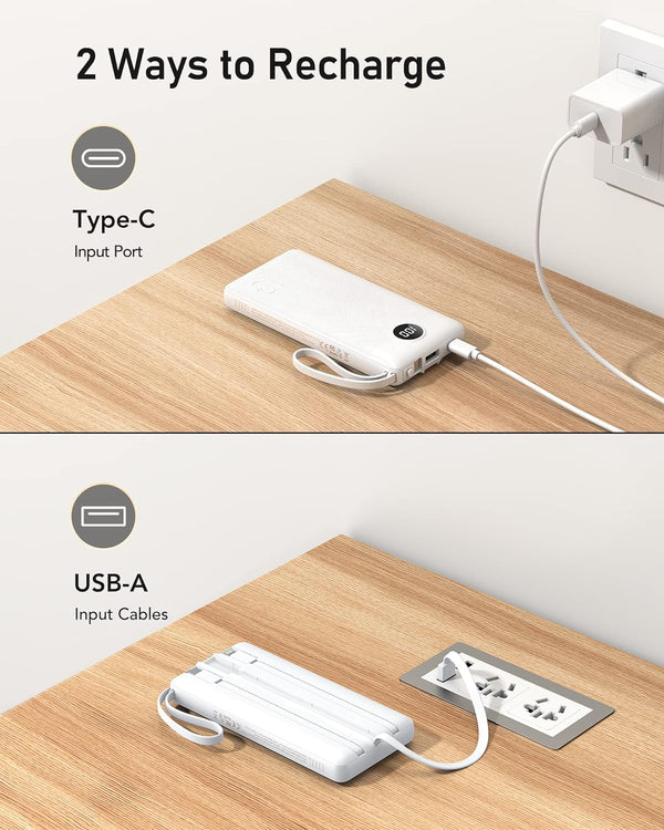 VEEKTOMX Portable Charger with Built in Cables 10000Mah, USB C Power Bank with 5 Outputs and LED Display, Small & Slim Battery Pack Compatible