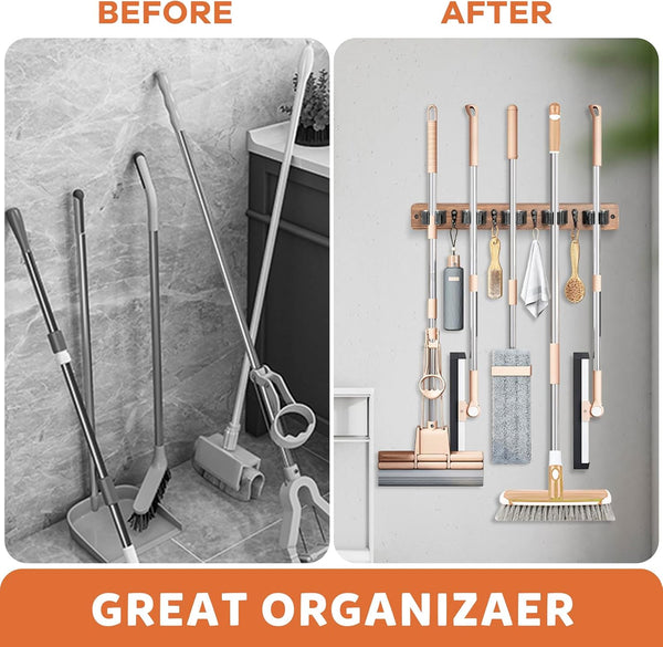 IMILLET Broom Holder Wall Mount, Rustic Wood Broom Hanger with 5 Racks and 4 Hooks, Laundry Room Organization and Storage, Mop Holder for Home