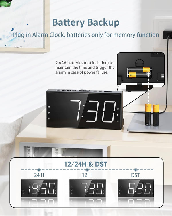 Loud Alarm Clock with Bed Shaker for Heavy Sleeper, Dual Vibrating Alarm Clock with USB Charger for Hearing-Impaired Deaf, 7.5ââ Large LED Display