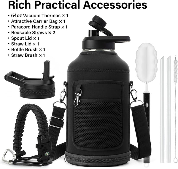 Insulated Water Bottle | Thickened Stainless Steel Vacuum Metal Thermos | Portable Sports Half Gallon Large Water Jug for Gym and Hiking with