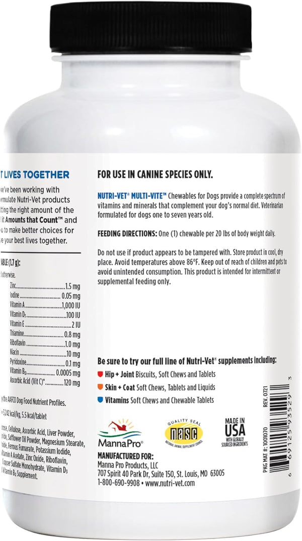 Nutri-Vet Multi-Vite Chewables for Adult Dogs, Daily Multivitamin & Mineral Supplement for Overall Health, Immune Support, and Balanced Nutrition,