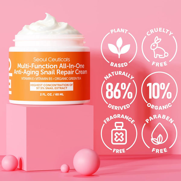 SeoulCeuticals Snail Mucin Moisturizer 97.5% - Korean Skin Care Snail Repair Cream - Day & Night Anti Aging K Beauty Skincare Cruelty Free 2oz 2 Ounce