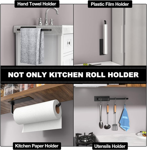 Paper Towel Holder - Self-Adhesive or Drilling, Matte Black, Upgraded Aluminum Kitchen Roll Dispenser under Cabinet, Lighter but Stronger than